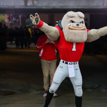 Nov 11, 2023; Athens, Georgia, USA; Georgia Bulldogs mascot Hairy Dawg walks into Sanford Stadium during the Dawg Walk before a game against the Mississippi Rebels. Mandatory Credit: Brett Davis-USA TODAY Sports
