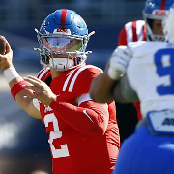 Sep 7, 2024; Oxford, Mississippi, USA; Mississippi Rebels quarterback Jaxson Dart (2) passes the ball during the first half against the Middle Tennessee Blue Raiders at Vaught-Hemingway Stadium. Mandatory Credit: Petre Thomas-Imagn Images