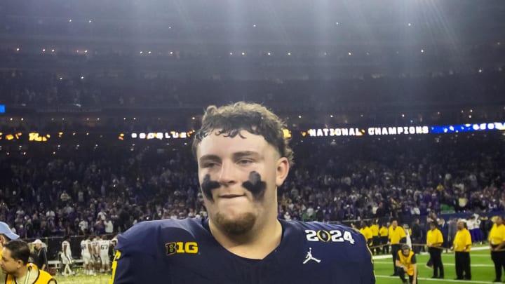 Jan 8, 2024; Houston, TX, USA; Michigan Wolverines defensive lineman Mason Graham (55) against the Washington Huskies during the 2024 College Football Playoff national championship game at NRG Stadium. Mandatory Credit: Mark J. Rebilas-USA TODAY Sports