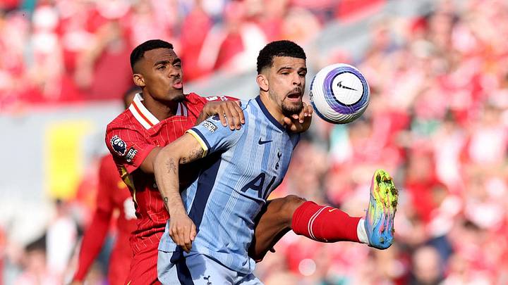 [US, Mexico & Canada customers only] April 27, 2025; Anfield, Liverpool, BRITAIN; Tottenham Hotspur player Dominic Solanke in action with Liverpool player Ryan Gravenberch in a Premier League match. Mandatory Credit: Phil Noble/Reuters via Imagn Images