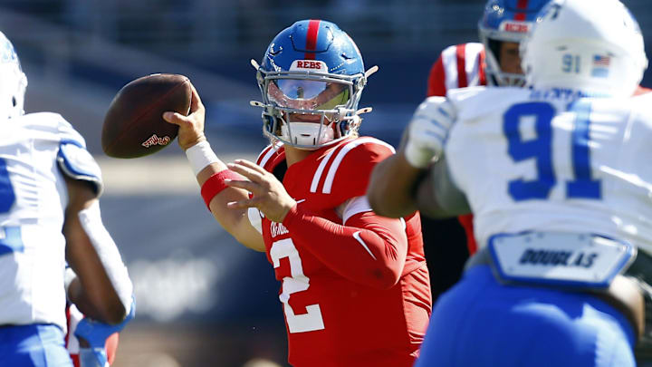 Sep 7, 2024; Oxford, Mississippi, USA; Mississippi Rebels quarterback Jaxson Dart (2) passes the ball during the first half against the Middle Tennessee Blue Raiders at Vaught-Hemingway Stadium. Mandatory Credit: Petre Thomas-Imagn Images