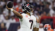 Sep 15, 2024; Houston, Texas, USA; Houston Texans quarterback C.J. Stroud (7) passes against the Chicago Bears in the first quarter at NRG Stadium. 