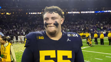 Jan 8, 2024; Houston, TX, USA; Michigan Wolverines defensive lineman Mason Graham (55) against the Washington Huskies during the 2024 College Football Playoff national championship game at NRG Stadium. Mandatory Credit: Mark J. Rebilas-USA TODAY Sports