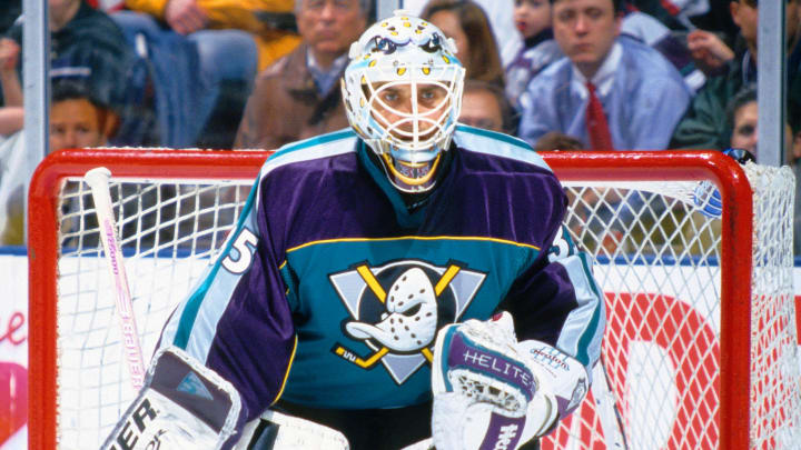 Mar 18, 1998; East Rutherford, NJ, USA; FILE PHOTO; Mighty Ducks of Anaheim goalie Mikhail Shtalenkov (35) on the ice against the New Jersey Devils at Continental Airlines Arena. Mandatory Credit: Lou Capozzola-USA TODAY NETWORK