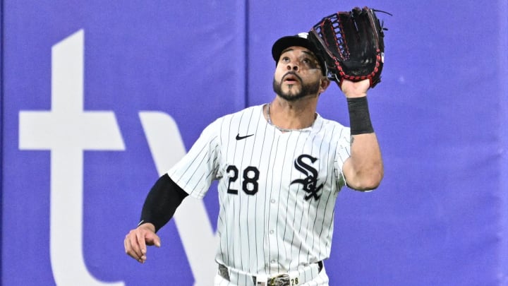 May 28, 2024; Chicago, Illinois, USA;  Chicago White Sox outfielder Tommy Pham (28) catches a fly ball in center field in the fourth inning against the Toronto Blue Jays at Guaranteed Rate Field