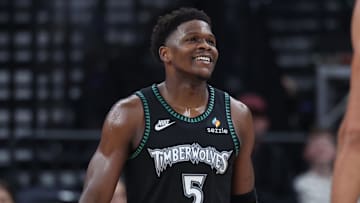 Nov 10, 2025; Salt Lake City, Utah, USA; Minnesota Timberwolves guard Anthony Edwards (5) reacts to a play against the Utah Jazz during the second half at Delta Center. Mandatory Credit: Rob Gray-Imagn Images