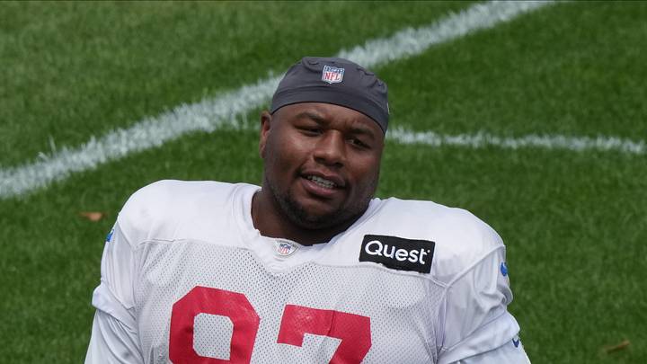 Florham Park, NJ -- August 21, 2024 -- Giants defensive lineman Dexter Lawrence III before practice. The New York Giants came to the Atlantic Health Jets Training Center in Florham Park, New Jersey to take part in a joint practice with the New York Jets.