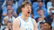 Dec 7, 2025; Chapel Hill, North Carolina, USA; North Carolina Tar Heels center Henri Veesaar (13) reacts after scoring in the first half at Dean E. Smith Center. Mandatory Credit: Bob Donnan-Imagn Images