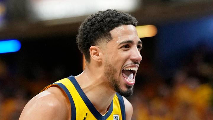 Indiana Pacers guard Tyrese Haliburton (0) reacts after a play against the Oklahoma City Thunder during the second half during game four of the 2025 NBA Finals at Gainbridge Fieldhouse on Jun 13, 2025.