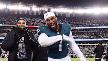Philadelphia Eagles linebacker Haason Reddick celebrates on the sidelines in the final minutes of a victory against the San Francisco 49ers.