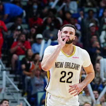 Mar 24, 2022; New Orleans, Louisiana, USA; New Orleans Pelicans forward Larry Nance Jr. (22) reacts to a three point shot against the Chicago Bulls during the fourth quarter at Smoothie King Center. The New Orleans Pelicans won 126 - 109. Mandatory Credit: Andrew Wevers-Imagn Images