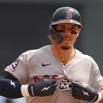 Jul 30, 2025; Minneapolis, Minnesota, USA; Boston Red Sox center fielder Jarren Duran (16) runs the bases on his two run home run against the Minnesota Twins in the sixth inning at Target Field. Mandatory Credit: Bruce Kluckhohn-Imagn Images
