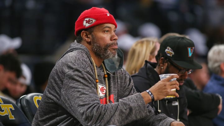 Jan 23, 2024; Atlanta, Georgia, USA; Former NBA player Rasheed Wallace watches a game between the Georgia Tech Yellow Jackets and Pittsburgh Panthers in the second half at McCamish Pavilion. Mandatory Credit: Brett Davis-USA TODAY Sports
