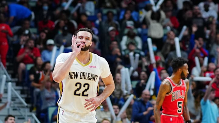 Mar 24, 2022; New Orleans, Louisiana, USA; New Orleans Pelicans forward Larry Nance Jr. (22) reacts to a three point shot against the Chicago Bulls during the fourth quarter at Smoothie King Center. The New Orleans Pelicans won 126 - 109. Mandatory Credit: Andrew Wevers-Imagn Images