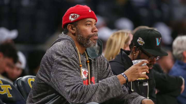 Jan 23, 2024; Atlanta, Georgia, USA; Former NBA player Rasheed Wallace watches a game between the Georgia Tech Yellow Jackets and Pittsburgh Panthers in the second half at McCamish Pavilion. Mandatory Credit: Brett Davis-USA TODAY Sports
