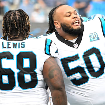 Sep 15, 2024; Charlotte, North Carolina, USA; Carolina Panthers guard Damien Lewis (68) and guard Robert Hunt (50) before the game at Bank of America Stadium. 
