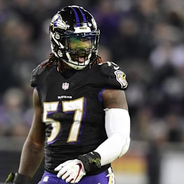 Baltimore Ravens inside linebacker C.J. Mosley reacts after sacking Cleveland Browns quarterback Baker Mayfield.