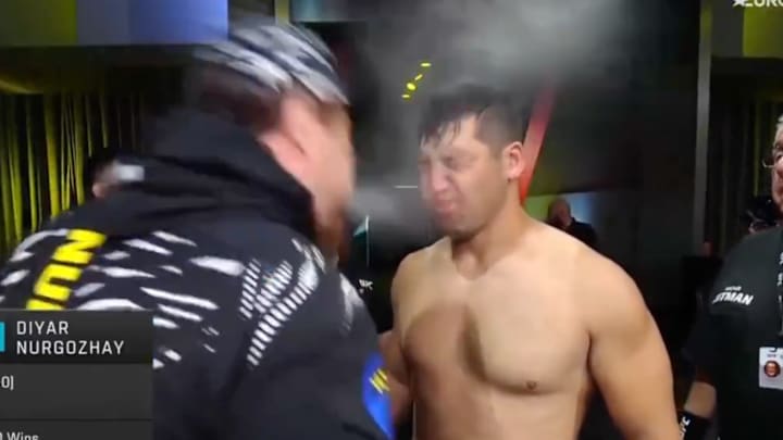 Diyar Nugozhay’s UFC debut started with his cornerman spitting water in his face. Diyar Nugozhay’s UFC debut started with his cornerman spitting water in his face.