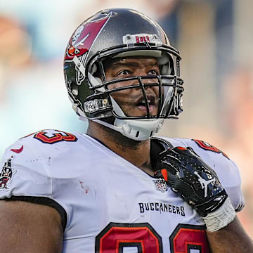 Dec 26, 2021; Charlotte, North Carolina, USA; Tampa Bay Buccaneers defensive end Ndamukong Suh (93) looks on during the second half against the Carolina Panthers at Bank of America Stadium. Mandatory Credit: Jim Dedmon-Imagn Images