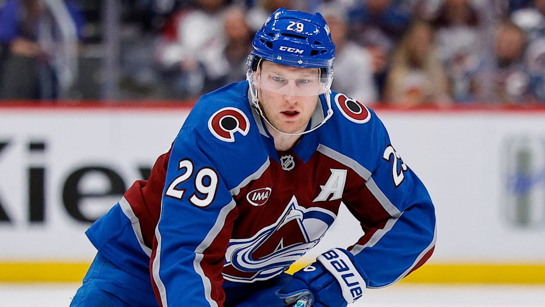Apr 21, 2026; Denver, Colorado, USA; Colorado Avalanche center Nathan MacKinnon (29) controls the puck in the second period against the Los Angeles Kings in game two of the first round of the 2026 Stanley Cup Playoffs at Ball Arena. Mandatory Credit: Isaiah J. Downing-Imagn Images