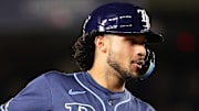 Tampa Bay Rays outfielder Everson Pereira (45) celebrates after hitting a home run against the Washington Nationals at Nationals Park. 