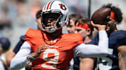 Auburn Tigers quarterback Deuce Knight (9) throws the ball during Auburn Tigers A-Day football practice at Jordan-Hare Stadium in Auburn, Ala., on Saturday, April 12, 2025.