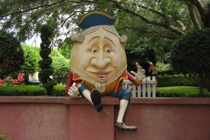 a Humpty Dumpty statue at Hunter Valley Gardens' Storybook Garden in New South Wales, Australia