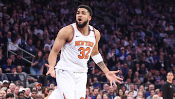 May 10, 2025; New York, New York, USA; New York Knicks center Karl-Anthony Towns (32) reacts to a no-call in the first quarter during game three of the second round for the 2025 NBA Playoffs against the Boston Celtics at Madison Square Garden. Mandatory Credit: Wendell Cruz-Imagn Images
