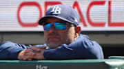 Aug 17, 2025; San Francisco, California, USA; Tampa Bay Rays manager Kevin Cash (16) looks on against the San Francisco Giants during the seventh inning at Oracle Park. 