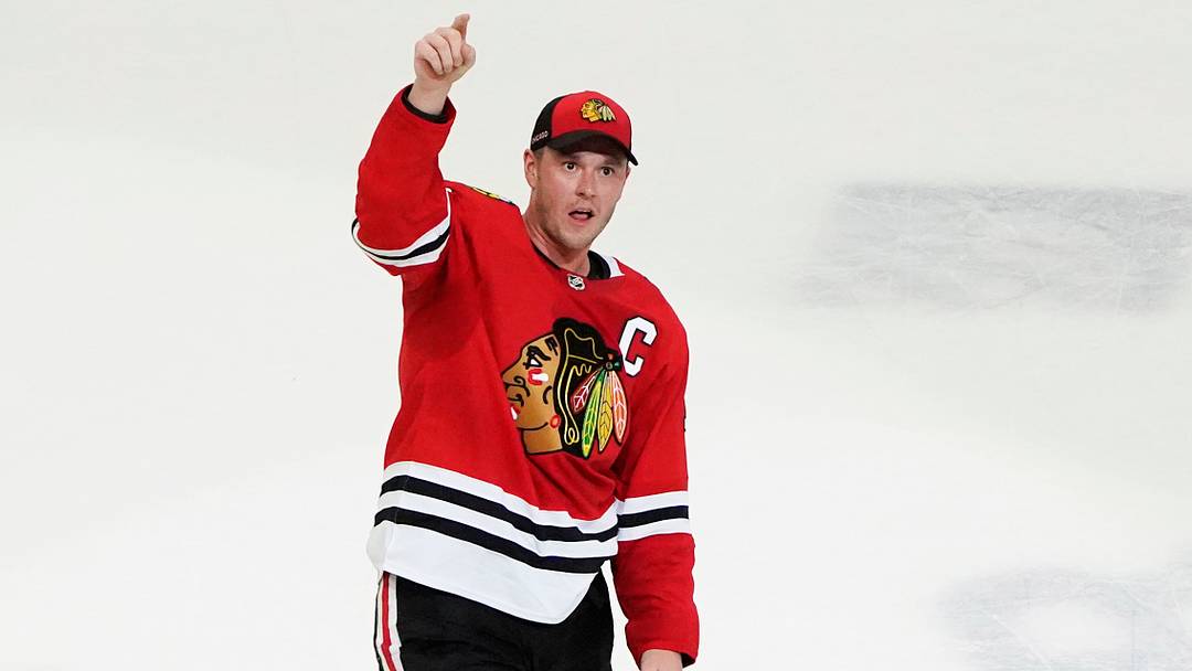 Apr 13, 2023; Chicago, Illinois, USA; Chicago Blackhawks center Jonathan Toews (19) is honored after the game against the Philadelphia Flyers. He played his last game as a Blackhawk, at United Center. Mandatory Credit: David Banks-USA TODAY Sports