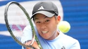 Aug 28, 2023; Flushing, NY, USA; Learner Tien of the USA hits to Frances Tiafoe of the USA on day one of the 2023 U.S. Open tennis tournament at USTA Billie Jean King National Tennis Center. Mandatory Credit: Robert Deutsch-Imagn Images