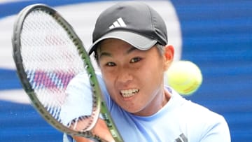 Aug 28, 2023; Flushing, NY, USA; Learner Tien of the USA hits to Frances Tiafoe of the USA on day one of the 2023 U.S. Open tennis tournament at USTA Billie Jean King National Tennis Center. Mandatory Credit: Robert Deutsch-Imagn Images
