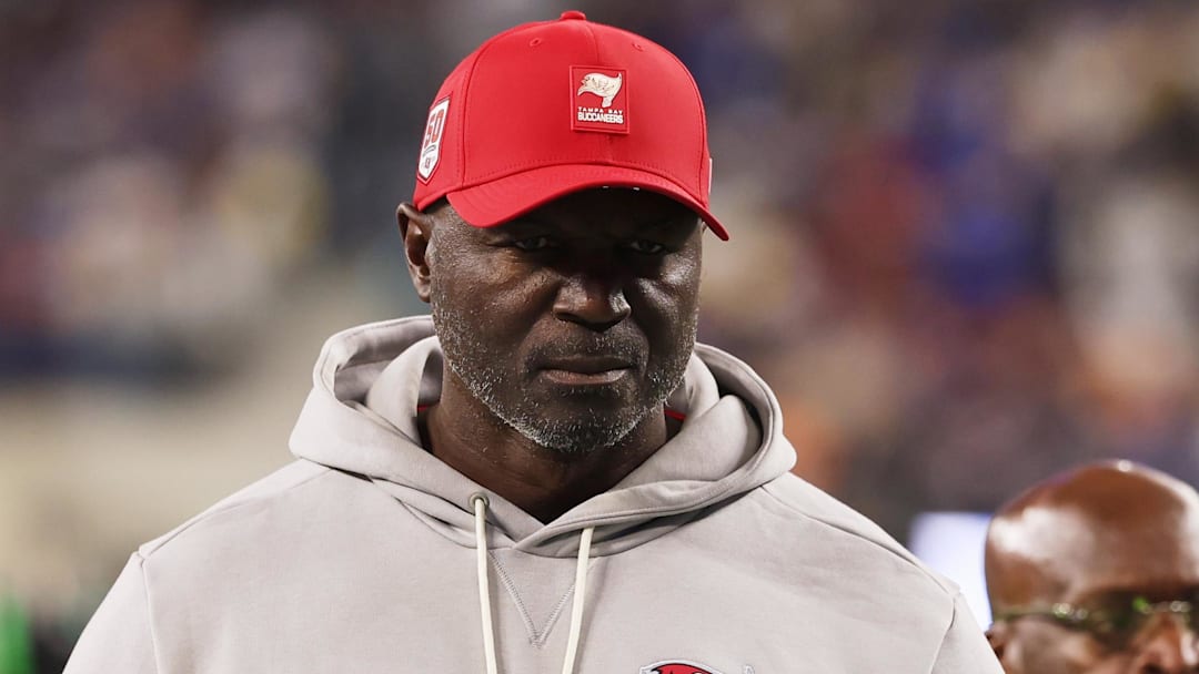 Nov 23, 2025; Inglewood, California, USA; Tampa Bay Buccaneers head coach and defensive coordinator Todd Bowles walks off the field during halftime against the Los Angeles Rams at SoFi Stadium. Mandatory Credit: Kiyoshi Mio-Imagn Images