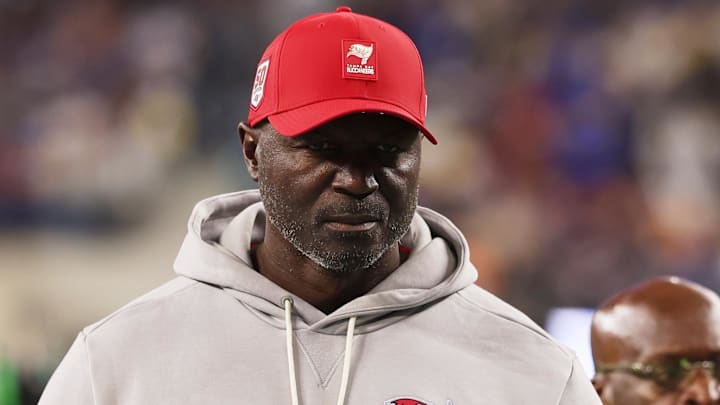 Nov 23, 2025; Inglewood, California, USA; Tampa Bay Buccaneers head coach and defensive coordinator Todd Bowles walks off the field during halftime against the Los Angeles Rams at SoFi Stadium. Mandatory Credit: Kiyoshi Mio-Imagn Images