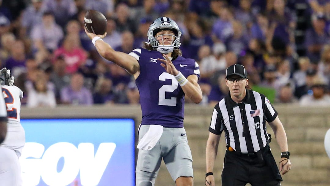 Aug 31, 2024; Manhattan, Kansas, USA; Kansas State Wildcats quarterback Avery Johnson (2) passes the ball during the third quarter against the Tennessee-Martin Skyhawks at Bill Snyder Family Football Stadium. Mandatory Credit: Scott Sewell-Imagn Images