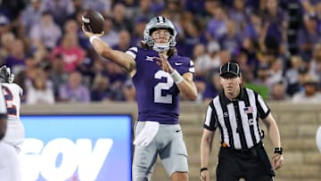 Aug 31, 2024; Manhattan, Kansas, USA; Kansas State Wildcats quarterback Avery Johnson (2) passes the ball during the third quarter against the Tennessee-Martin Skyhawks at Bill Snyder Family Football Stadium. Mandatory Credit: Scott Sewell-Imagn Images