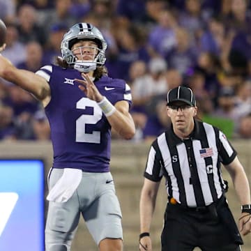 Aug 31, 2024; Manhattan, Kansas, USA; Kansas State Wildcats quarterback Avery Johnson (2) passes the ball during the third quarter against the Tennessee-Martin Skyhawks at Bill Snyder Family Football Stadium. Mandatory Credit: Scott Sewell-Imagn Images