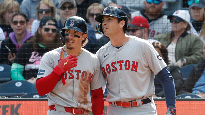 Apr 20, 2024; Pittsburgh, Pennsylvania, USA;  Boston Red Sox right tfielder Jarren Duran (left) and first baseman  Triston Casas (right) talk in the on-deck circle against the Pittsburgh Pirates at PNC Park. Mandatory Credit: Charles LeClaire-USA TODAY Sports