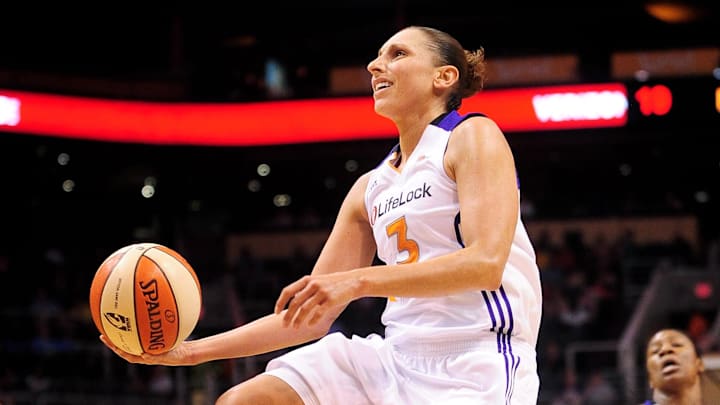 Aug. 25, 2012; Phoenix, AZ, USA; Phoenix Mercury guard Diana Taurasi (3) lays up the ball in the first half against the Indiana Fever at US Airways Center. Mandatory Credit: Jennifer Stewart-Imagn Images