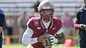 Oct 11, 2025; Tallahassee, Florida, USA; Florida State Seminoles quarterback Thomas Castellanos (1) before the game against the Pittsburgh Panthers at Doak S. Campbell Stadium. Mandatory Credit: Melina Myers-Imagn Images