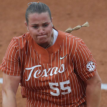 May 9, 2025; Athens, GA, USA; Texas starting pitcher/relief pitcher Mac Morgan (55) pitches during a game against Texas A&M at Jack Turner Stadium. Mandatory Credit: Mady Mertens-Imagn Images
