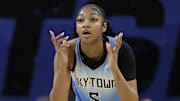 Jul 13, 2024; Chicago, Illinois, USA; Chicago Sky forward Angel Reese (5) reacts during the first half of a WNBA game against the New York Liberty at Wintrust Arena. Mandatory Credit: Kamil Krzaczynski-Imagn Images