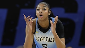 Jul 13, 2024; Chicago, Illinois, USA; Chicago Sky forward Angel Reese (5) reacts during the first half of a WNBA game against the New York Liberty at Wintrust Arena. Mandatory Credit: Kamil Krzaczynski-Imagn Images