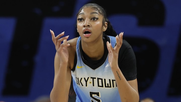 Jul 13, 2024; Chicago, Illinois, USA; Chicago Sky forward Angel Reese (5) reacts during the first half of a WNBA game against the New York Liberty at Wintrust Arena. Mandatory Credit: Kamil Krzaczynski-USA TODAY Sports