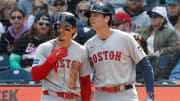 Apr 20, 2024; Pittsburgh, Pennsylvania, USA;  Boston Red Sox right tfielder Jarren Duran (left) and first baseman  Triston Casas (right) talk in the on-deck circle against the Pittsburgh Pirates at PNC Park. Mandatory Credit: Charles LeClaire-USA TODAY Sports