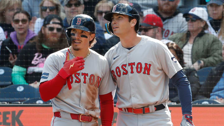 Apr 20, 2024; Pittsburgh, Pennsylvania, USA;  Boston Red Sox right tfielder Jarren Duran (left) and first baseman  Triston Casas (right) talk in the on-deck circle against the Pittsburgh Pirates at PNC Park. Mandatory Credit: Charles LeClaire-USA TODAY Sports