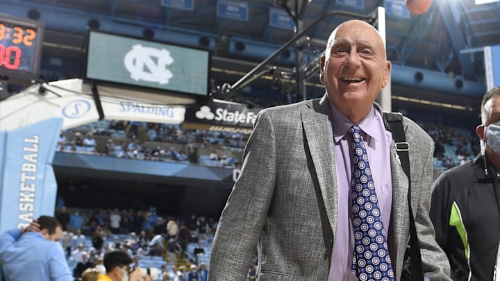 Dec 1, 2021; Chapel Hill, North Carolina, USA;  ESPN announcer Dick Vitale comes in before the game at Dean E. Smith Center. Mandatory Credit: Bob Donnan-Imagn Images