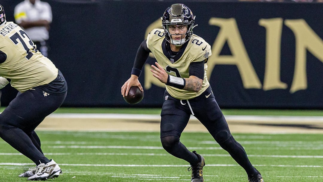 Sep 7, 2025; New Orleans, Louisiana, USA; New Orleans Saints quarterback Spencer Rattler (2) scrambles out the pocket against the Arizona Cardinals during the second half at Caesars Superdome. Mandatory Credit: Stephen Lew-Imagn Images Sep 7, 2025; New Orleans, Louisiana, USA; New Orleans Saints quarterback Spencer Rattler (2) scrambles out the pocket against the Arizona Cardinals during the second half at Caesars Superdome. Mandatory Credit: Stephen Lew-Imagn Images