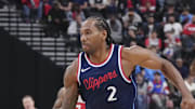 Apr 9, 2025; Inglewood, California, USA; Los Angeles Clippers guard Kawhi Leonard (2) dribbles against the Houston Rockets in the first half at Intuit Dome. Mandatory Credit: Kirby Lee-Imagn Images