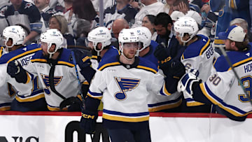 May 4, 2025; Winnipeg, Manitoba, CAN; St. Louis Blues center Radek Faksa (12) celebrates after his goal against the Winnipeg Jets in the second period in game seven of the first round of the 2025 Stanley Cup Playoffs at Canada Life Centre. Mandatory Credit: James Carey Lauder-Imagn Images